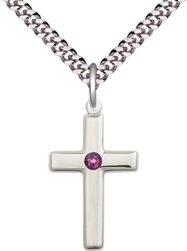 Sterling Silver Cross Pendant with a 3mm Amethyst Swarovski stone on a 24 inch Light Rhodium Heavy Curb chain