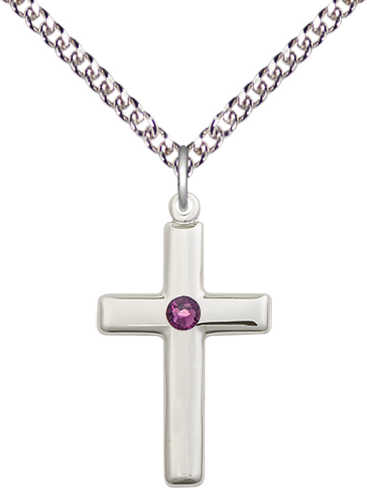 Sterling Silver Cross Pendant with a 3mm Amethyst Swarovski stone on a 24 inch Sterling Silver Heavy Curb chain