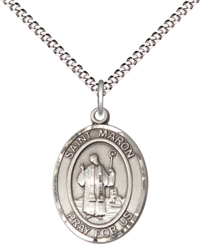 Sterling Silver Saint Maron Pendant on a 18 inch Light Rhodium Light Curb chain