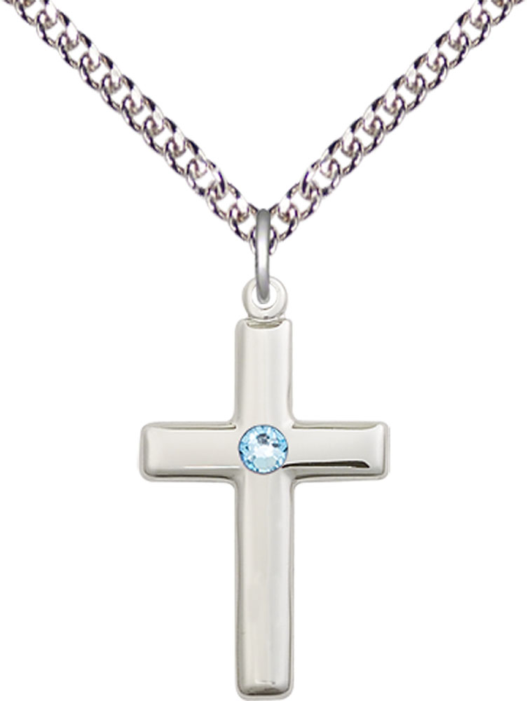 Sterling Silver Cross Pendant with a 3mm Aqua Swarovski stone on a 24 inch Sterling Silver Heavy Curb chain