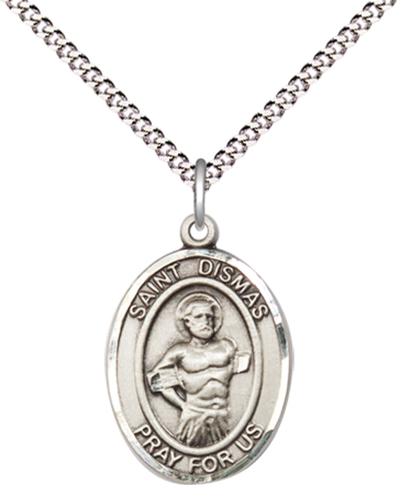Sterling Silver Saint Dismas Pendant on a 18 inch Light Rhodium Light Curb chain
