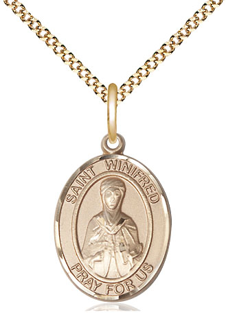 14kt Gold Filled Saint Winifred of Wales Pendant on a 18 inch Gold Plate Light Curb chain