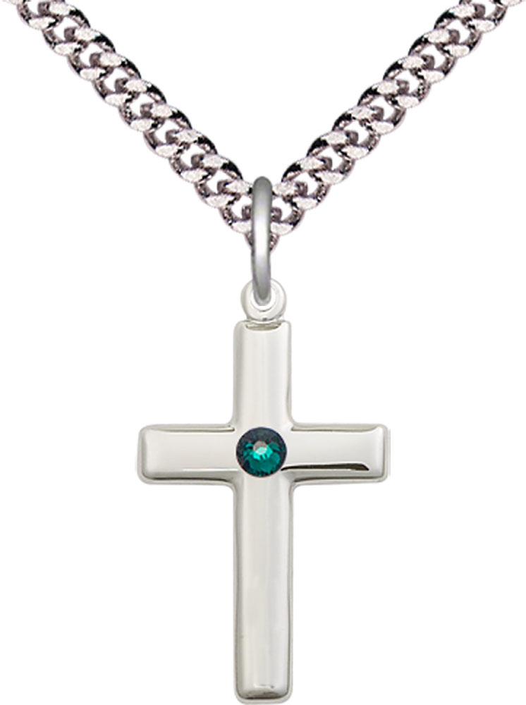 Sterling Silver Cross Pendant with a 3mm Emerald Swarovski stone on a 24 inch Light Rhodium Heavy Curb chain