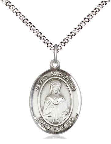 Sterling Silver Saint Winifred of Wales Pendant on a 18 inch Light Rhodium Light Curb chain