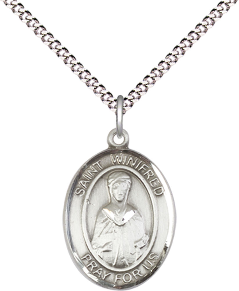 Sterling Silver Saint Winifred of Wales Pendant on a 18 inch Light Rhodium Light Curb chain