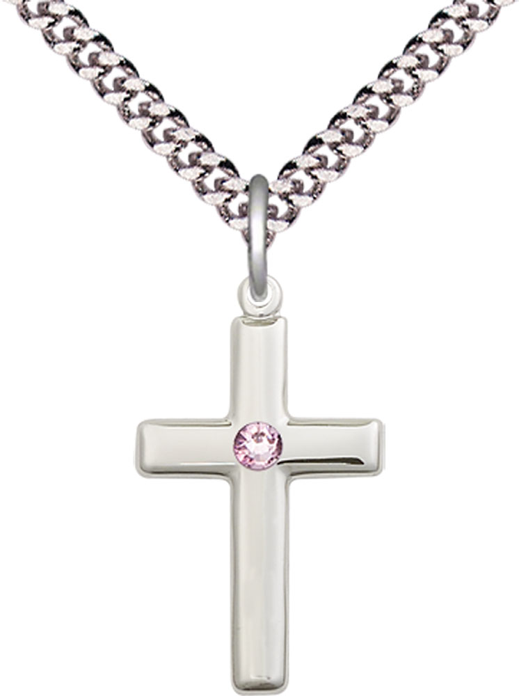 Sterling Silver Cross Pendant with a 3mm Light Amethyst Swarovski stone on a 24 inch Light Rhodium Heavy Curb chain
