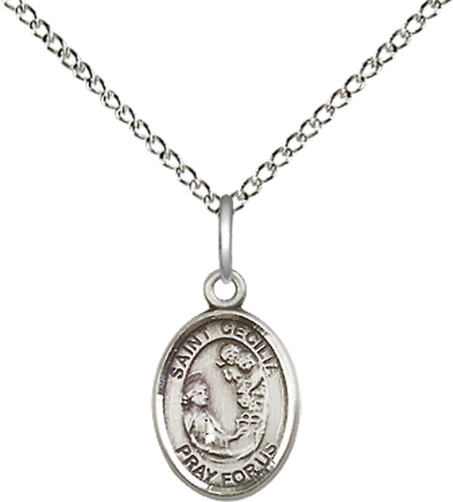 Sterling Silver Saint Cecilia Pendant on a 18 inch Sterling Silver Light Curb chain