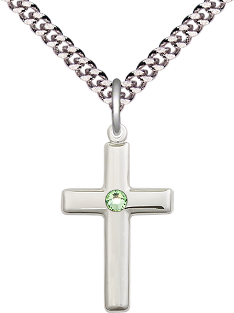 Sterling Silver Cross Pendant with a 3mm Peridot Swarovski stone on a 24 inch Light Rhodium Heavy Curb chain