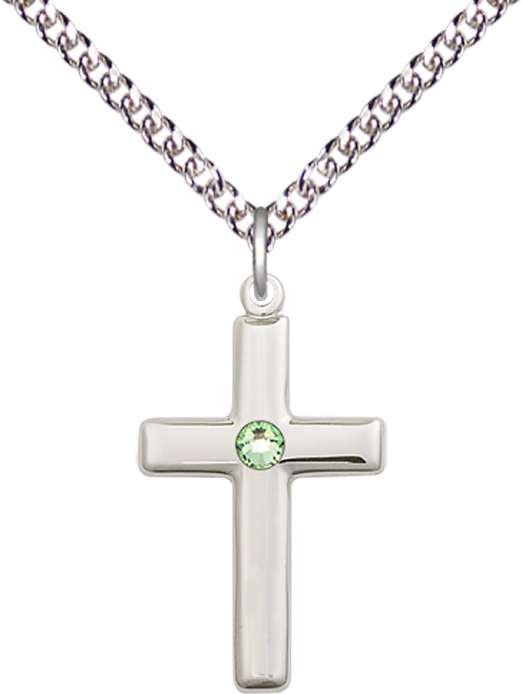 Sterling Silver Cross Pendant with a 3mm Peridot Swarovski stone on a 24 inch Sterling Silver Heavy Curb chain
