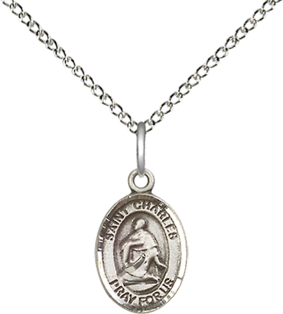 Sterling Silver Saint Charles Borromeo Pendant on a 18 inch Sterling Silver Light Curb chain
