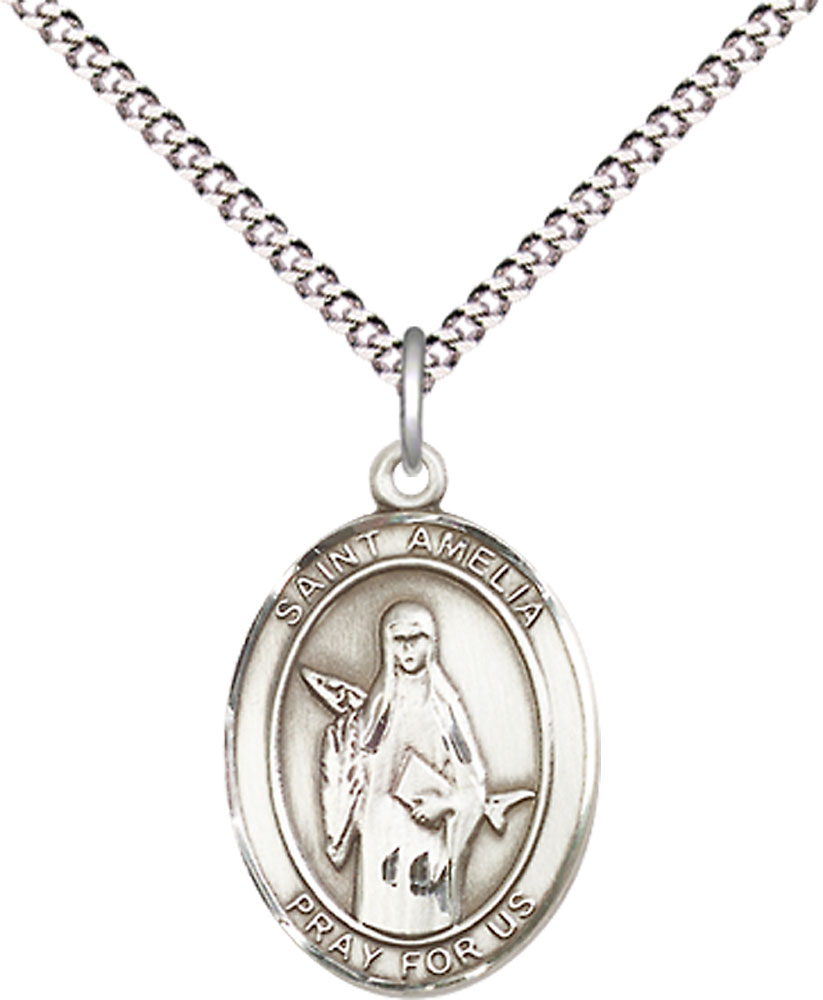 Sterling Silver Saint Amelia Pendant on a 18 inch Light Rhodium Light Curb chain