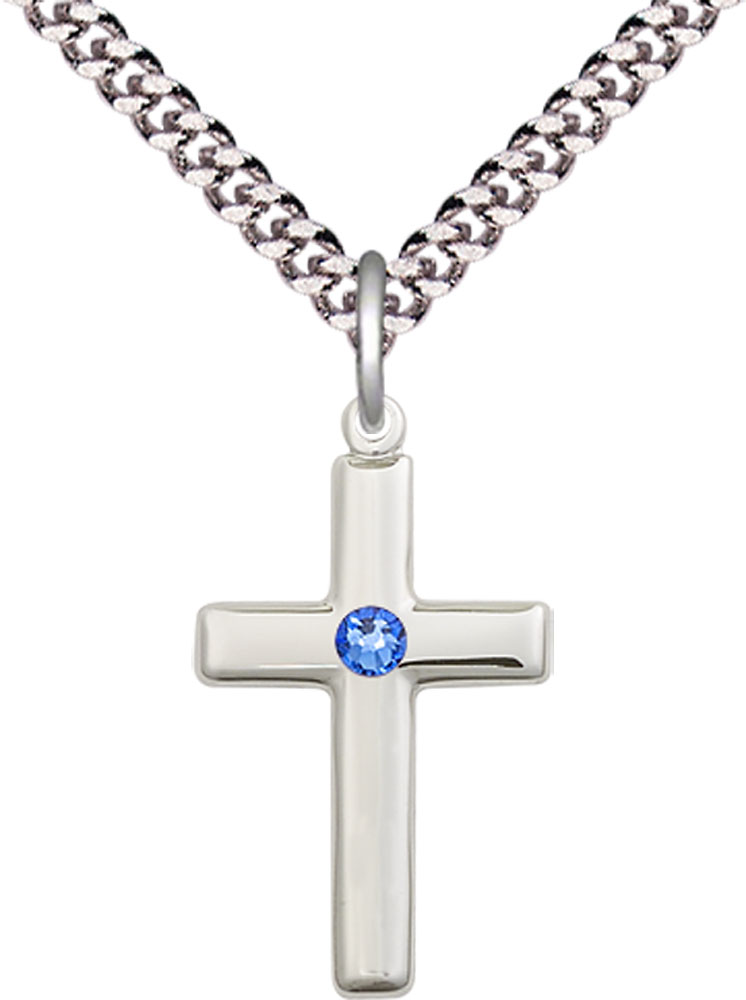 Sterling Silver Cross Pendant with a 3mm Sapphire Swarovski stone on a 24 inch Light Rhodium Heavy Curb chain