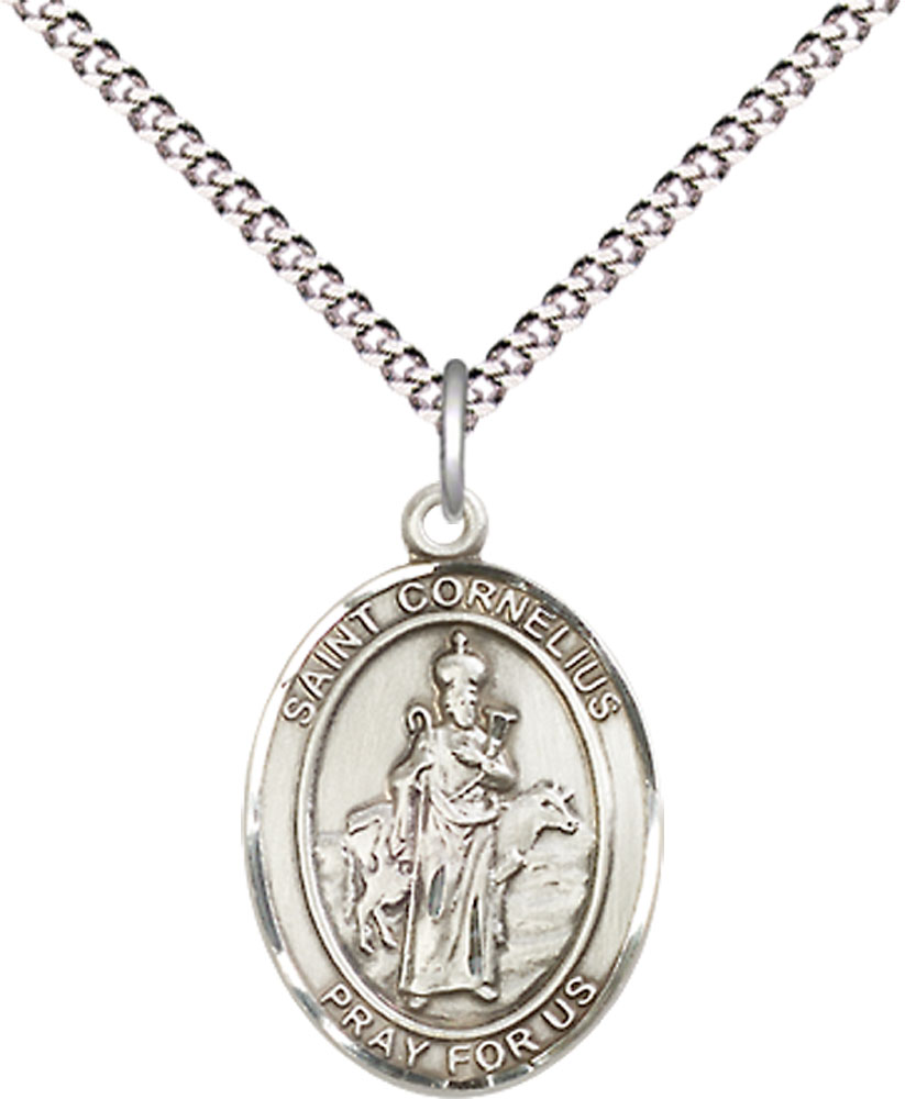 Sterling Silver Saint Cornelius Pendant on a 18 inch Light Rhodium Light Curb chain