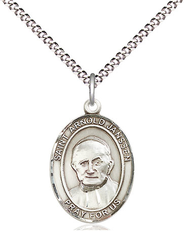 Sterling Silver Saint Arnold Janssen Pendant on a 18 inch Light Rhodium Light Curb chain