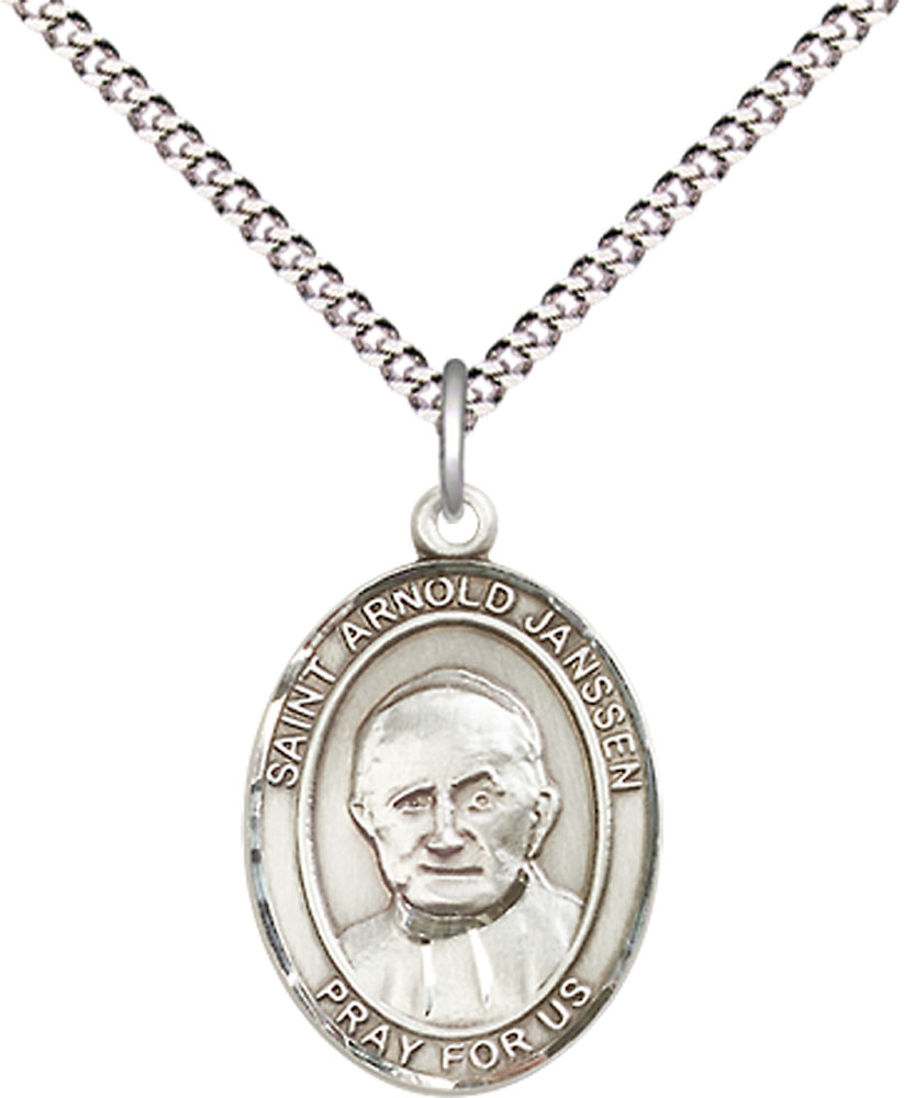 Sterling Silver Saint Arnold Janssen Pendant on a 18 inch Light Rhodium Light Curb chain