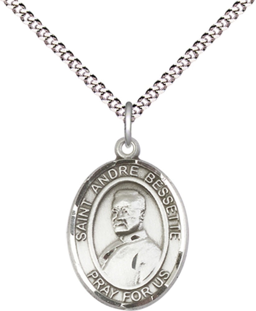 Sterling Silver Saint Andre Bessette Pendant on a 18 inch Light Rhodium Light Curb chain