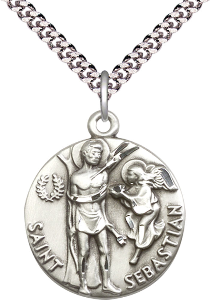 Sterling Silver Saint Sebastian Pendant on a 24 inch Light Rhodium Heavy Curb chain