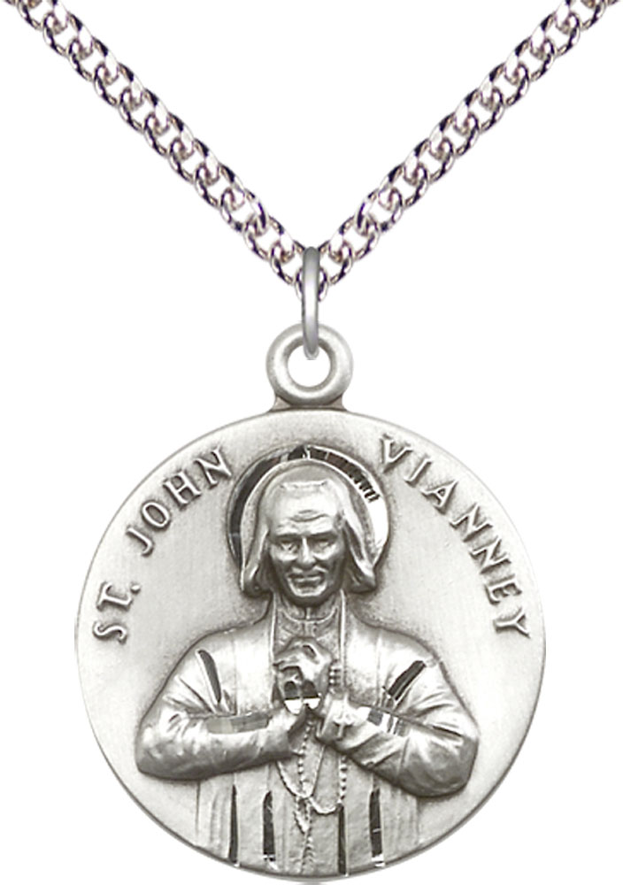 Sterling Silver Saint John Vianney Pendant on a 24 inch Sterling Silver Heavy Curb chain