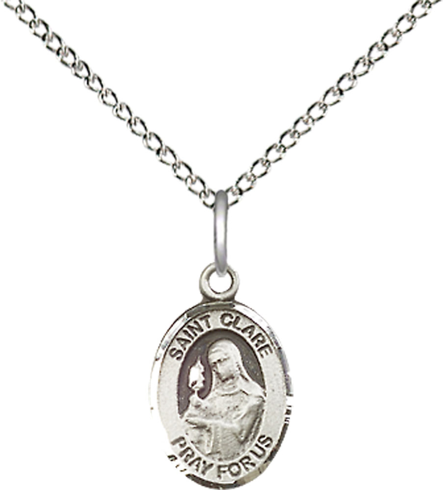 Sterling Silver Saint Clare of Assisi Pendant on a 18 inch Sterling Silver Light Curb chain