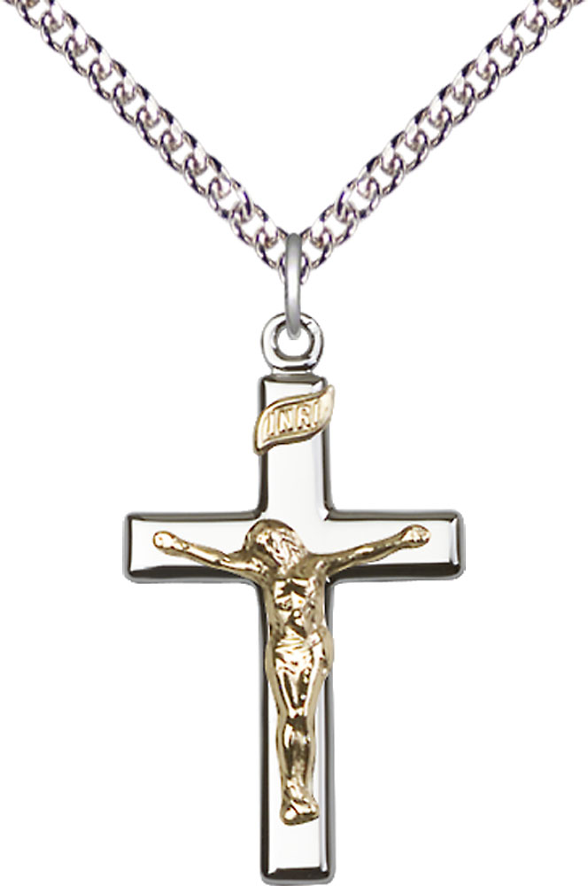 Two-Tone GF/SS Crucifix Pendant on a 24 inch Sterling Silver Heavy Curb chain