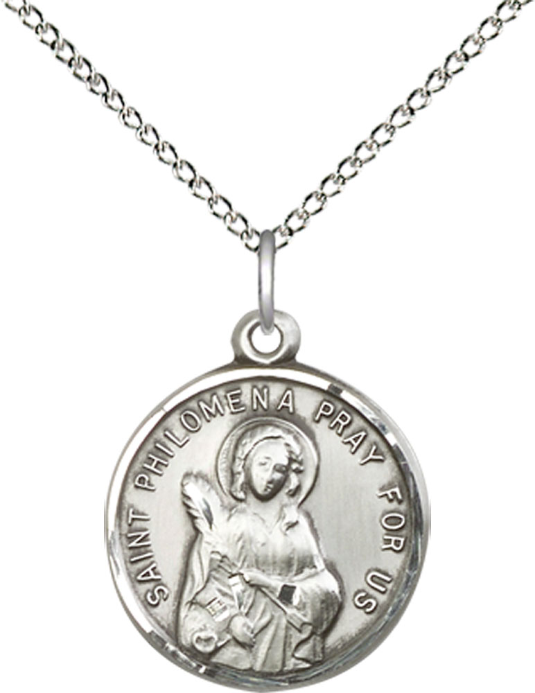 Sterling Silver Saint Philomena Pendant on a 18 inch Sterling Silver Light Curb chain