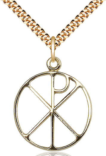 14kt Gold Filled Chi Rho Pendant on a 24 inch Gold Plate Heavy Curb chain