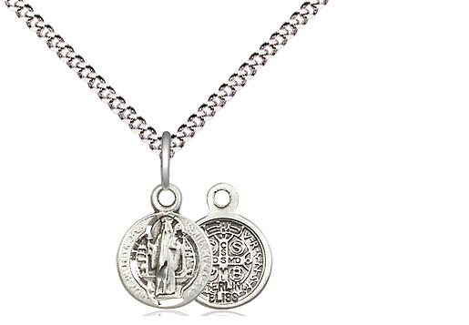 Sterling Silver Saint Benedict Pendant on a 18 inch Light Rhodium Light Curb chain