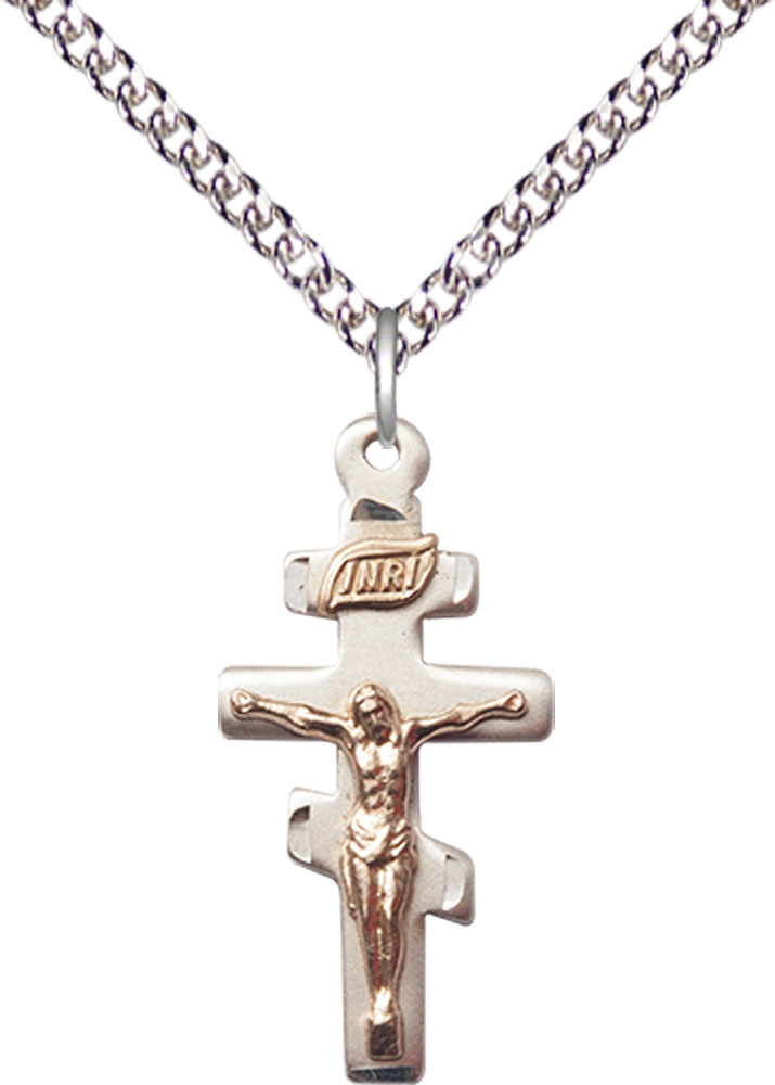Two-Tone GF/SS Greek Crucifix Pendant on a 24 inch Sterling Silver Heavy Curb chain
