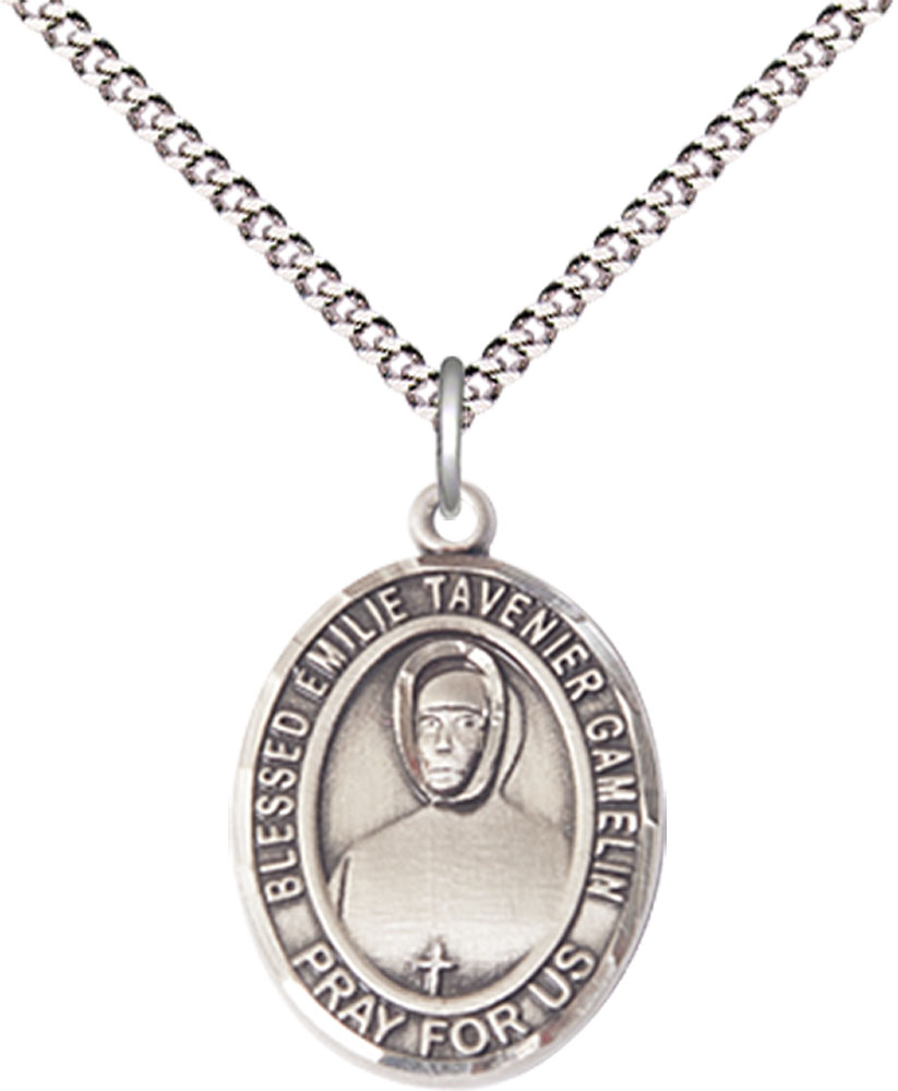 Sterling Silver Blessed Emilie Tavernier Gamelin Pendant on a 18 inch Light Rhodium Light Curb chain