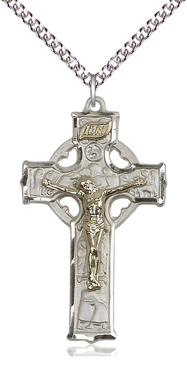Two-Tone GF/SS Mens Celtic Crucifix Pendant on a 24 inch Sterling Silver Heavy Curb chain