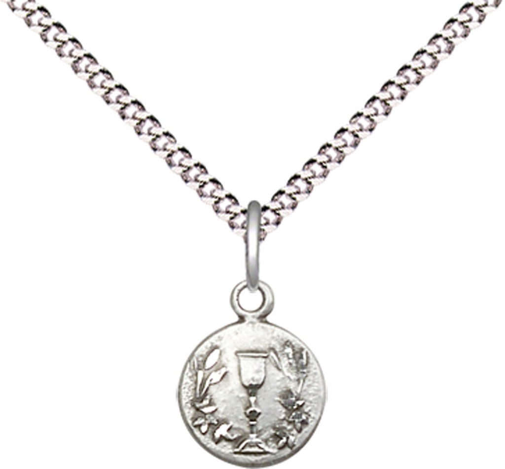 Sterling Silver Communion Chalice Pendant on a 18 inch Light Rhodium Light Curb chain