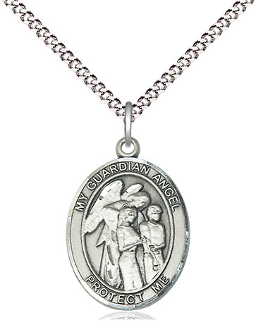 Sterling Silver Guardian Angel w/Children Pendant on a 18 inch Light Rhodium Light Curb chain