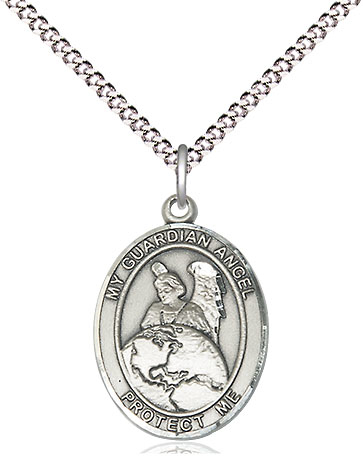 Sterling Silver Guardian Angel Protector Pendant on a 18 inch Light Rhodium Light Curb chain