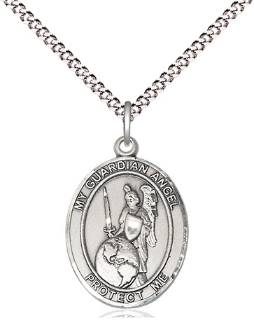 Sterling Silver Guardian Angel of the World Pendant on a 18 inch Light Rhodium Light Curb chain