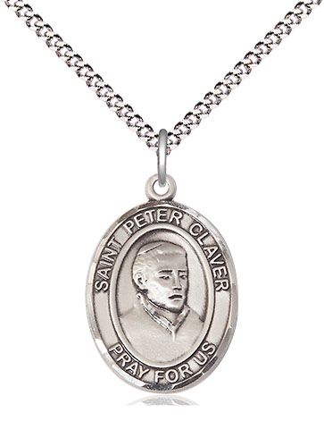Sterling Silver Saint Peter Claver Pendant on a 18 inch Light Rhodium Light Curb chain