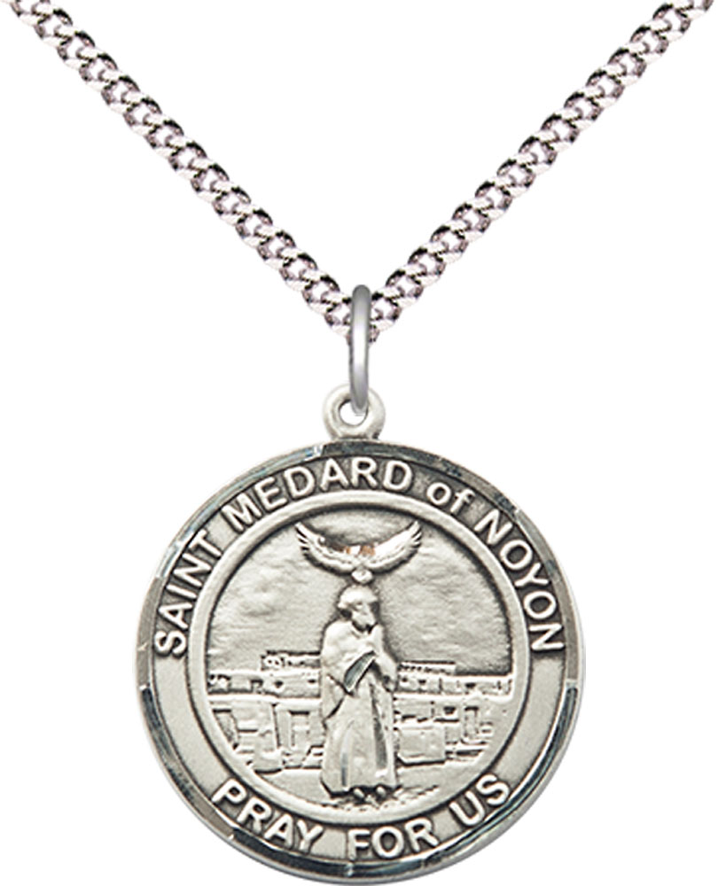 Sterling Silver Saint Medard of Noyon Pendant on a 18 inch Light Rhodium Light Curb chain