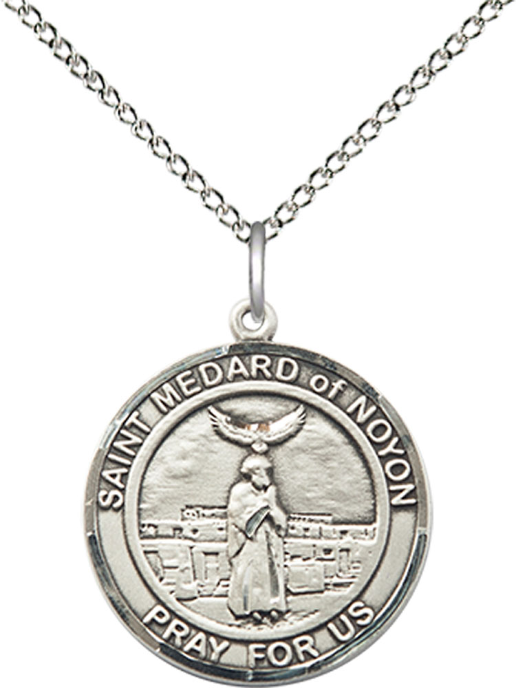 Sterling Silver Saint Medard of Noyon Pendant on a 18 inch Sterling Silver Light Curb chain