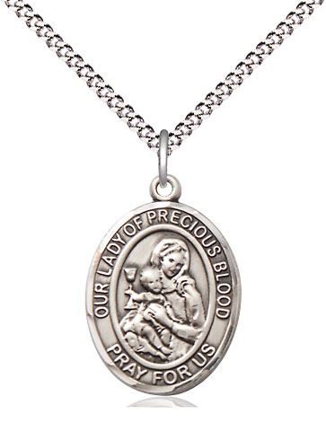 Sterling Silver Our Lady of the Precious Blood Pendant on a 18 inch Light Rhodium Light Curb chain