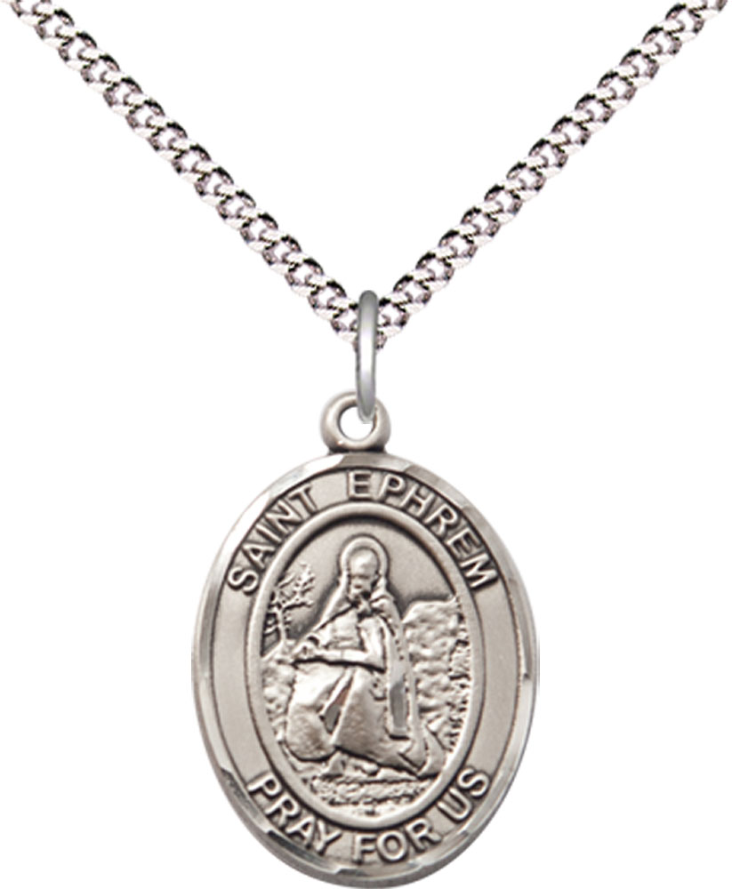 Sterling Silver Saint Ephrem Pendant on a 18 inch Light Rhodium Light Curb chain