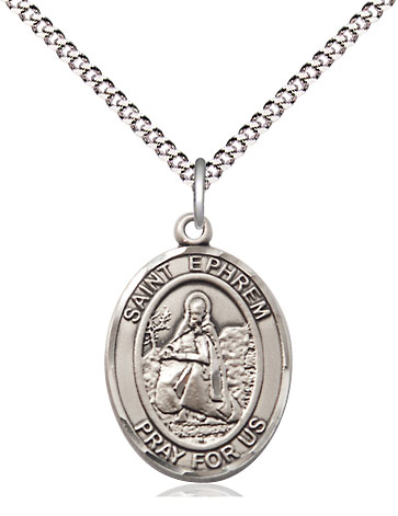 Sterling Silver Saint Ephrem Pendant on a 18 inch Light Rhodium Light Curb chain