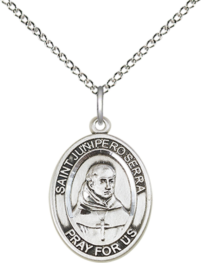 Sterling Silver Saint Junipero Serra Pendant on a 18 inch Sterling Silver Light Curb chain