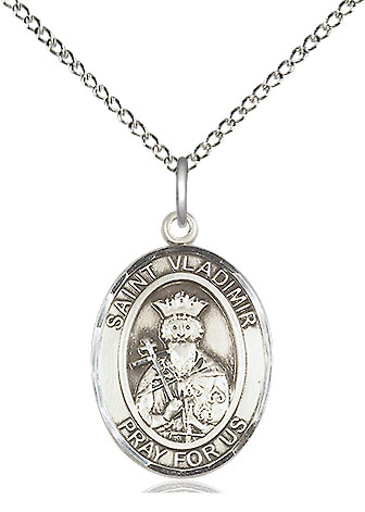 Sterling Silver Saint Vladimir Pendant on a 18 inch Sterling Silver Light Curb chain