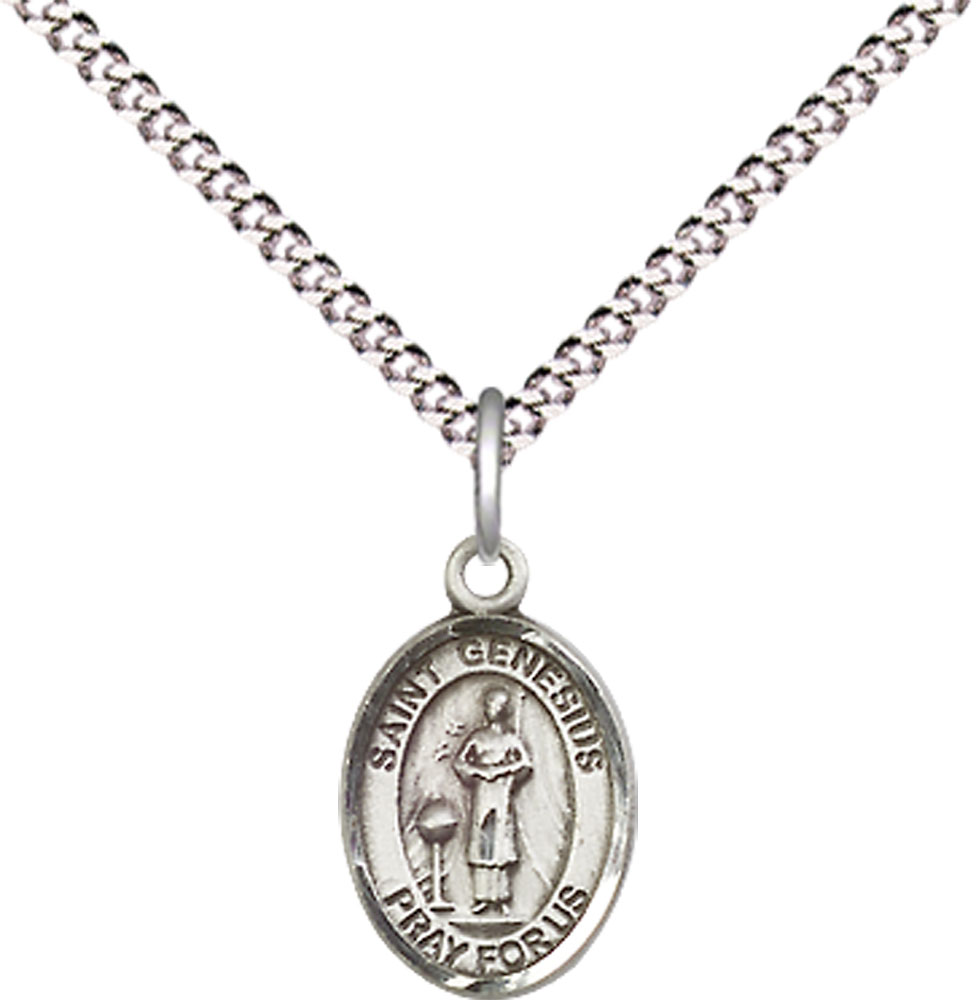 Sterling Silver Saint Genesius of Rome Pendant on a 18 inch Light Rhodium Light Curb chain