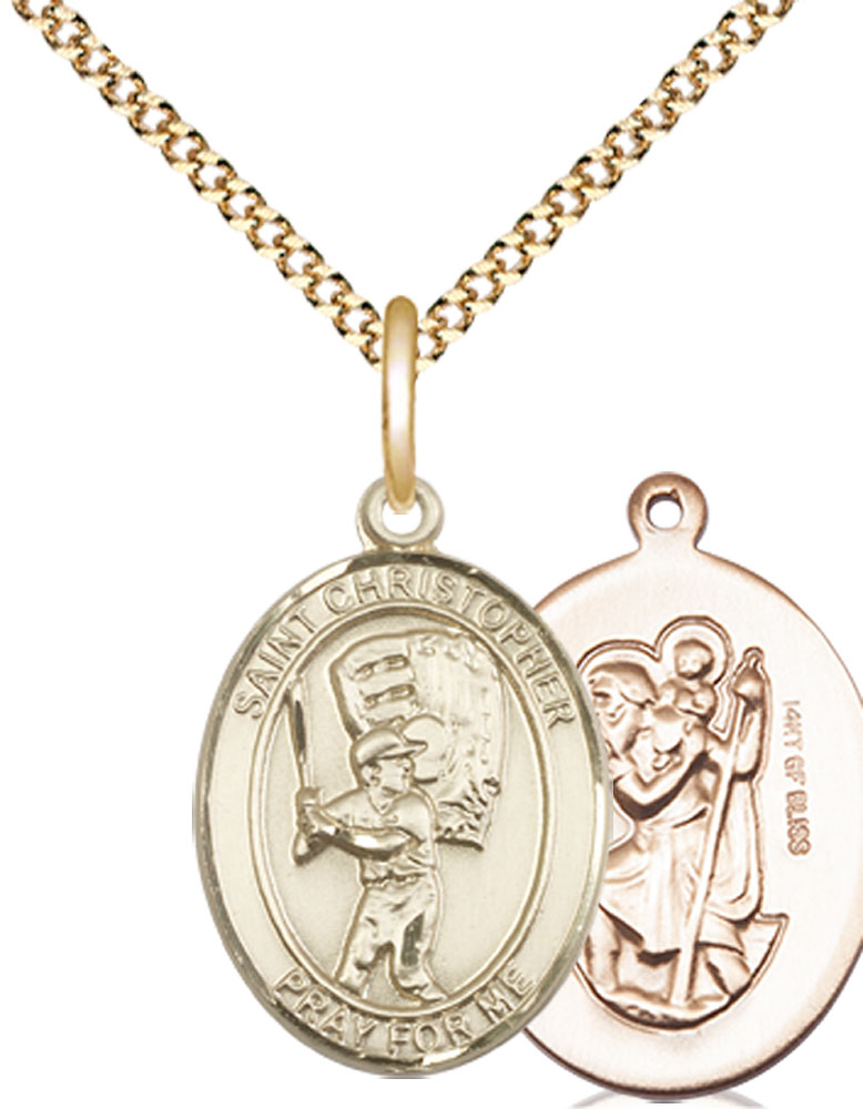 14kt Gold Filled Saint Christopher Baseball Pendant on a 18 inch Gold Plate Light Curb chain