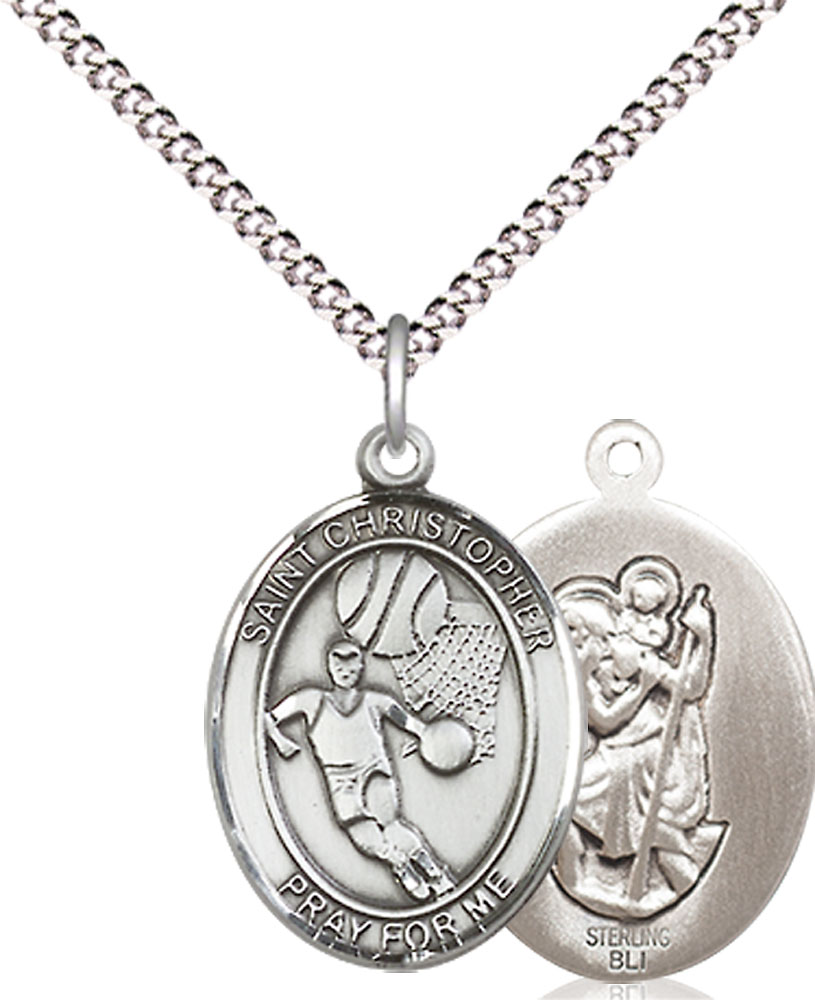 Sterling Silver Saint Christopher Basketball Pendant on a 18 inch Light Rhodium Light Curb chain