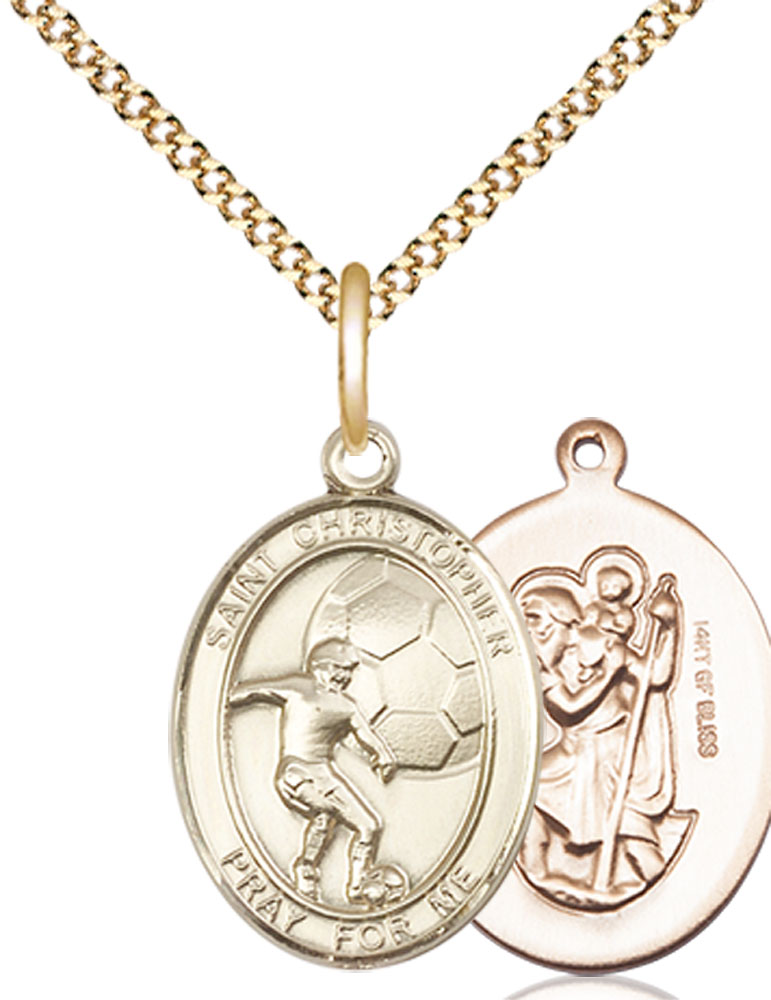 14kt Gold Filled Saint Christopher Soccer Pendant on a 18 inch Gold Plate Light Curb chain