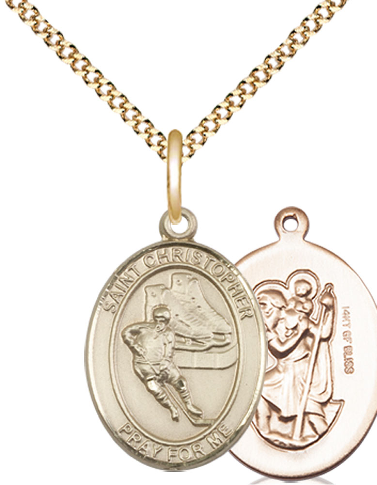 14kt Gold Filled Saint Christopher Hockey Pendant on a 18 inch Gold Plate Light Curb chain