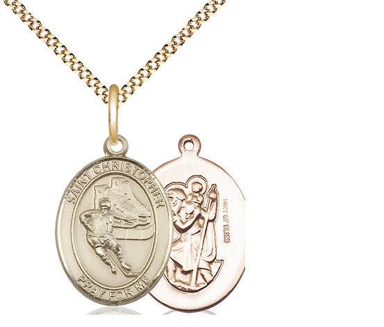 14kt Gold Filled Saint Christopher Hockey Pendant on a 18 inch Gold Plate Light Curb chain