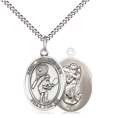 Sterling Silver Saint Christopher Tennis Pendant on a 18 inch Light Rhodium Light Curb chain