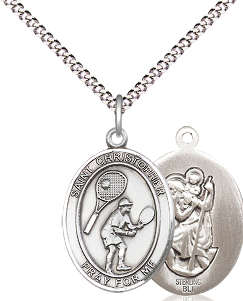 Sterling Silver Saint Christopher Tennis Pendant on a 18 inch Light Rhodium Light Curb chain